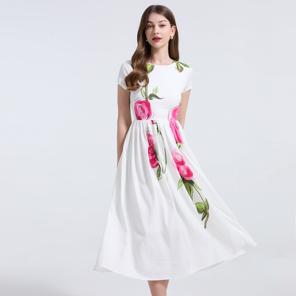 CM-DY037361 Women Elegant European Style Floral Print Round Neck Short Sleeve Midi Dress - White
