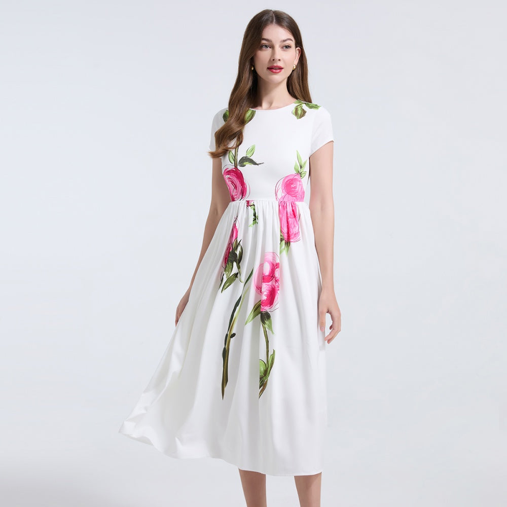 CM-DY037361 Women Elegant European Style Floral Print Round Neck Short Sleeve Midi Dress - White