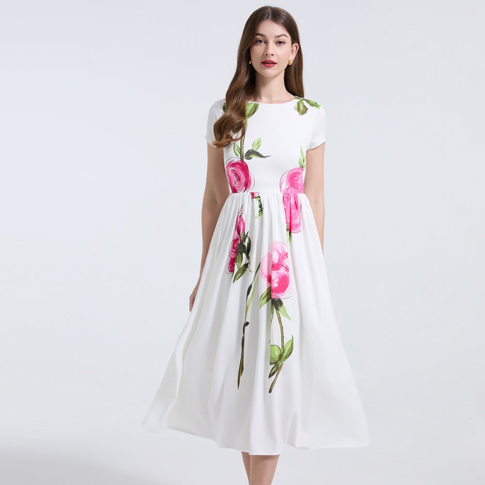 CM-DY037361 Women Elegant European Style Floral Print Round Neck Short Sleeve Midi Dress - White