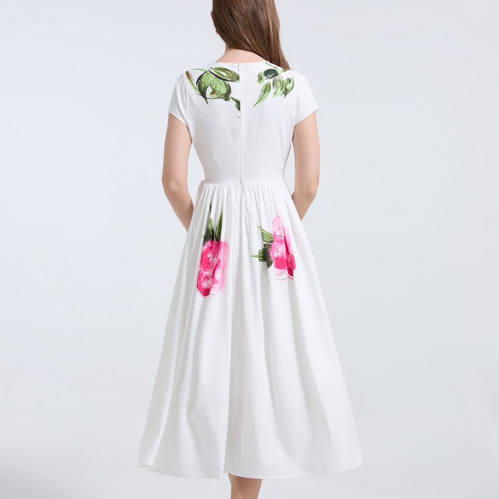 CM-DY037361 Women Elegant European Style Floral Print Round Neck Short Sleeve Midi Dress - White