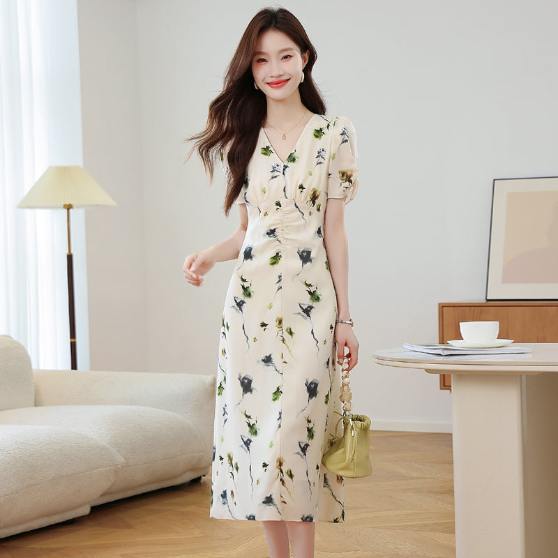CM-DY037377 Women Elegant Seoul Style Floral Print V-Neck Puff Sleeve Pinched Waist Midi Dress