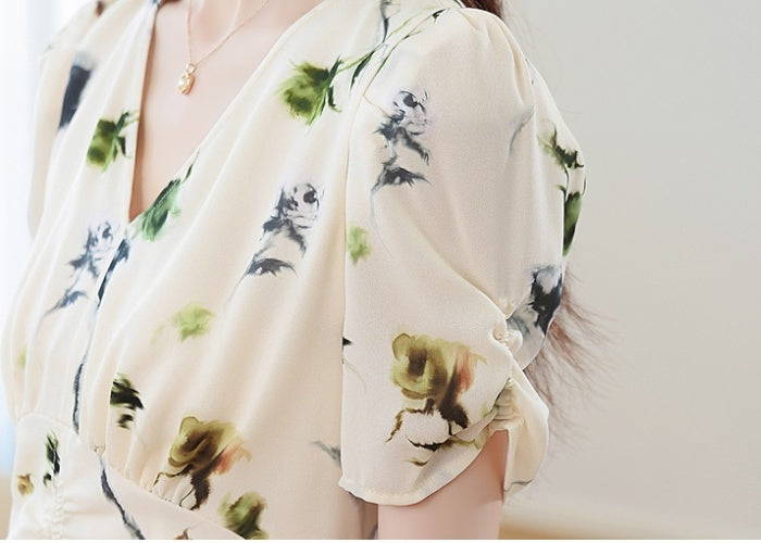 CM-DY037377 Women Elegant Seoul Style Floral Print V-Neck Puff Sleeve Pinched Waist Midi Dress