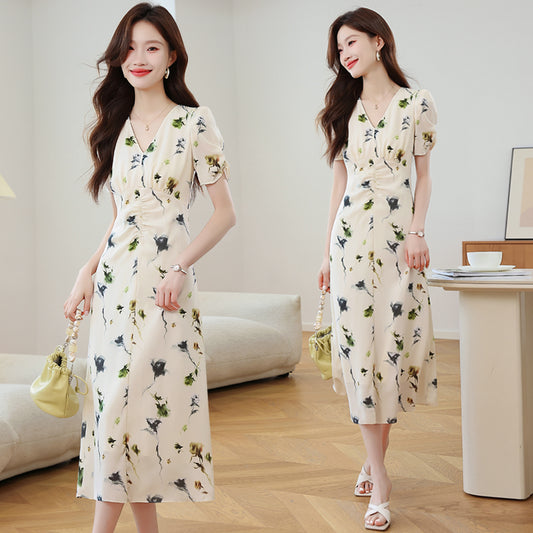 CM-DY037377 Women Elegant Seoul Style Floral Print V-Neck Puff Sleeve Pinched Waist Midi Dress
