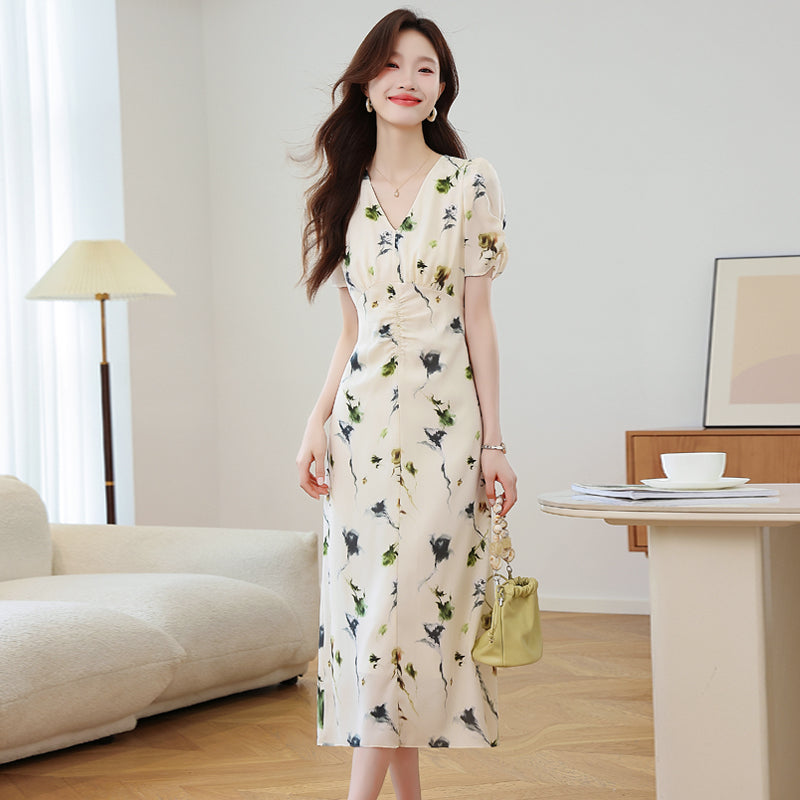 CM-DY037377 Women Elegant Seoul Style Floral Print V-Neck Puff Sleeve Pinched Waist Midi Dress