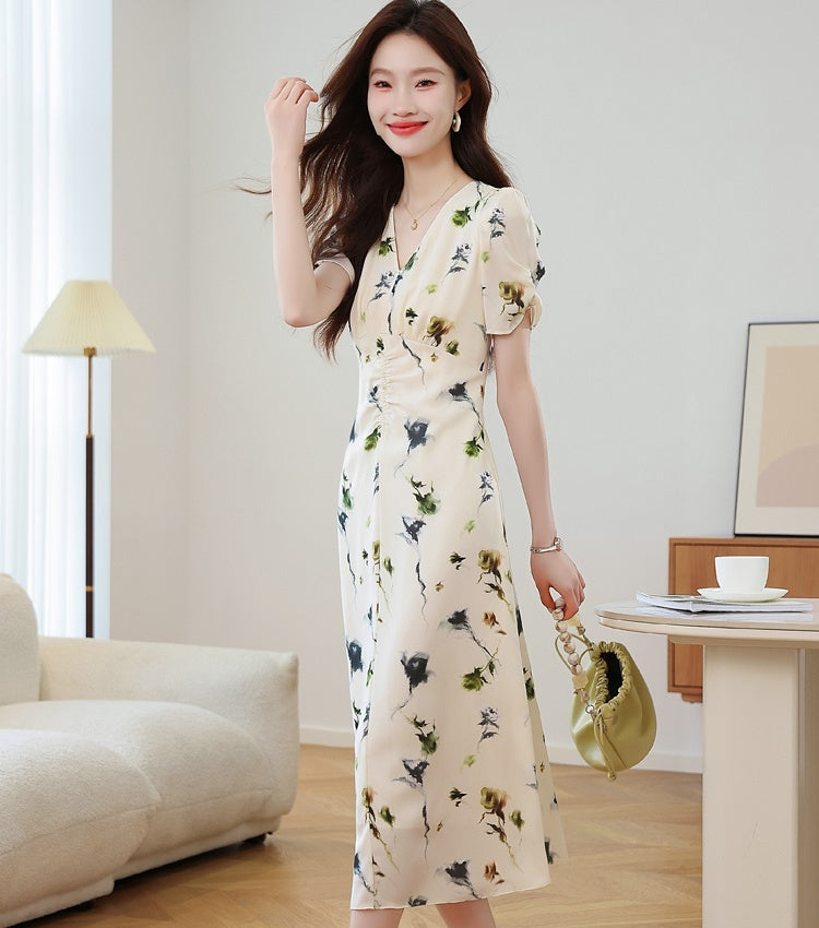 CM-DY037377 Women Elegant Seoul Style Floral Print V-Neck Puff Sleeve Pinched Waist Midi Dress