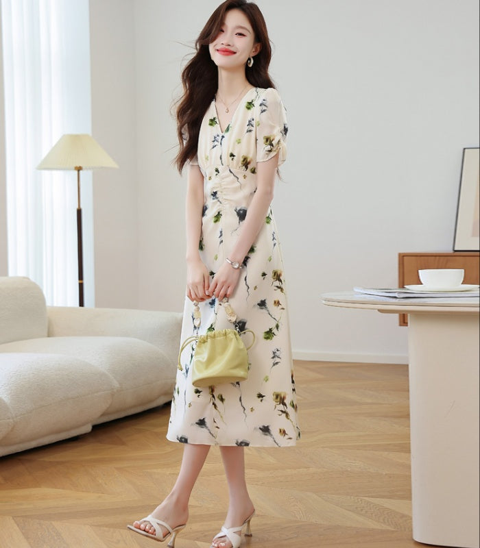 CM-DY037377 Women Elegant Seoul Style Floral Print V-Neck Puff Sleeve Pinched Waist Midi Dress