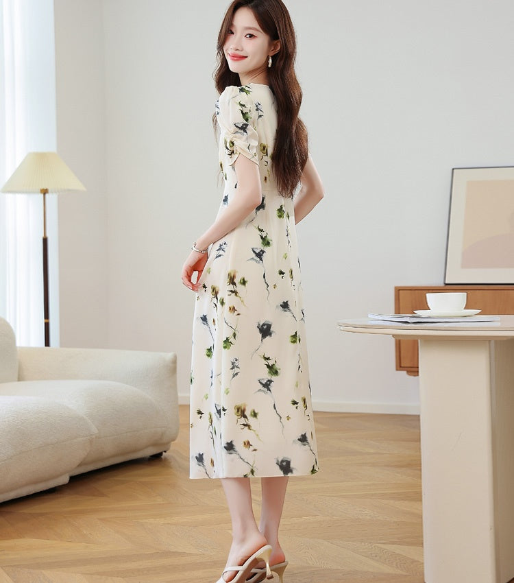 CM-DY037377 Women Elegant Seoul Style Floral Print V-Neck Puff Sleeve Pinched Waist Midi Dress