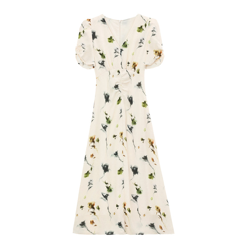 CM-DY037377 Women Elegant Seoul Style Floral Print V-Neck Puff Sleeve Pinched Waist Midi Dress