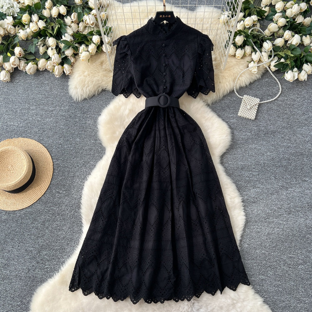 CM-DY037387 Women Elegant European Style Hollow Single-Breasted Short Sleeve Mid-Length Dress (Available in 4 colors)