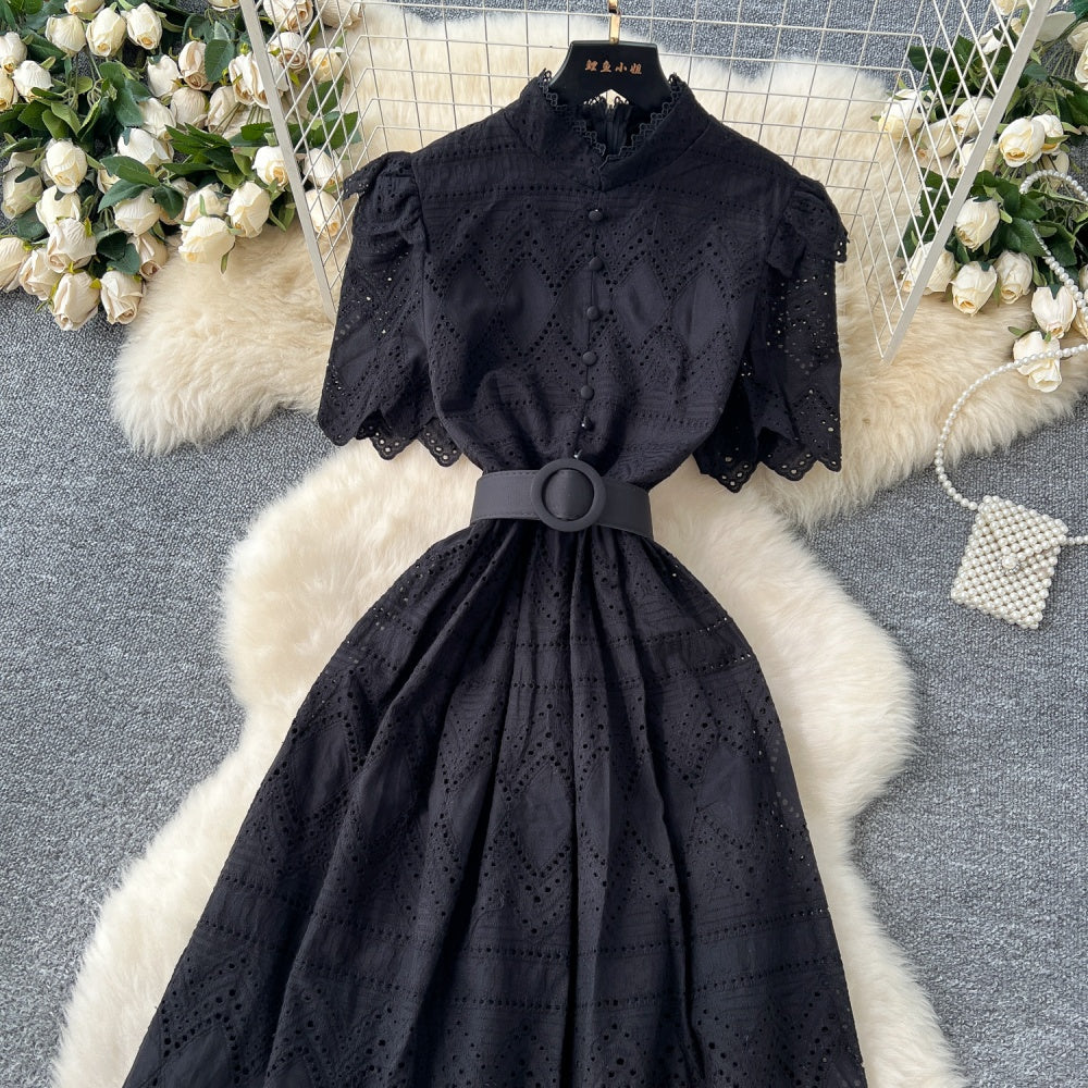CM-DY037387 Women Elegant European Style Hollow Single-Breasted Short Sleeve Mid-Length Dress (Available in 4 colors)