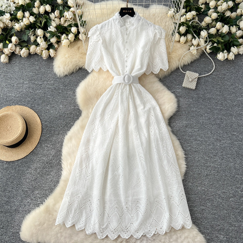 CM-DY037387 Women Elegant European Style Hollow Single-Breasted Short Sleeve Mid-Length Dress (Available in 4 colors)