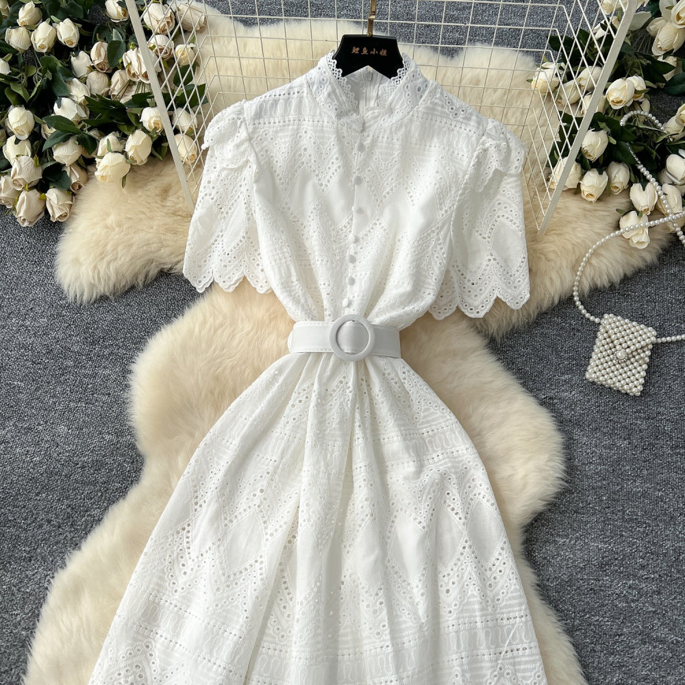 CM-DY037387 Women Elegant European Style Hollow Single-Breasted Short Sleeve Mid-Length Dress (Available in 4 colors)