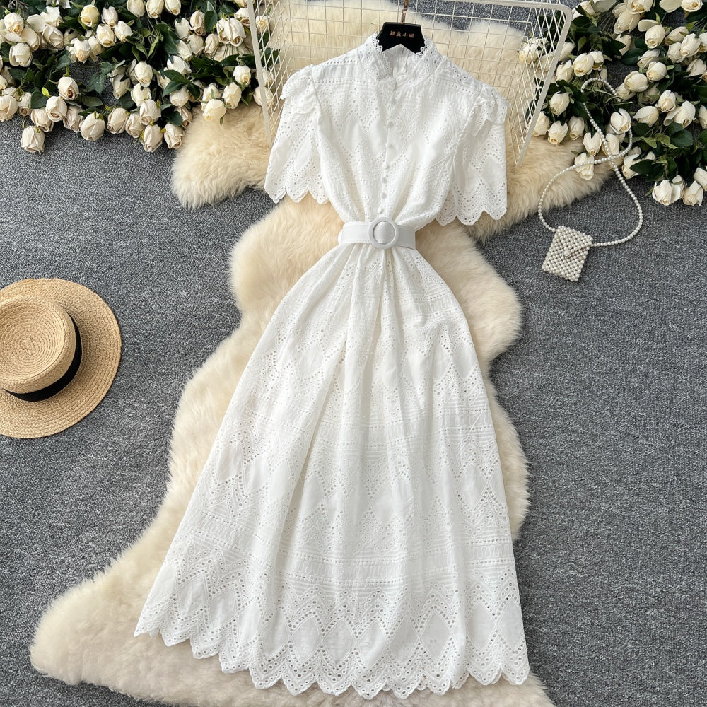 CM-DY037387 Women Elegant European Style Hollow Single-Breasted Short Sleeve Mid-Length Dress (Available in 4 colors)