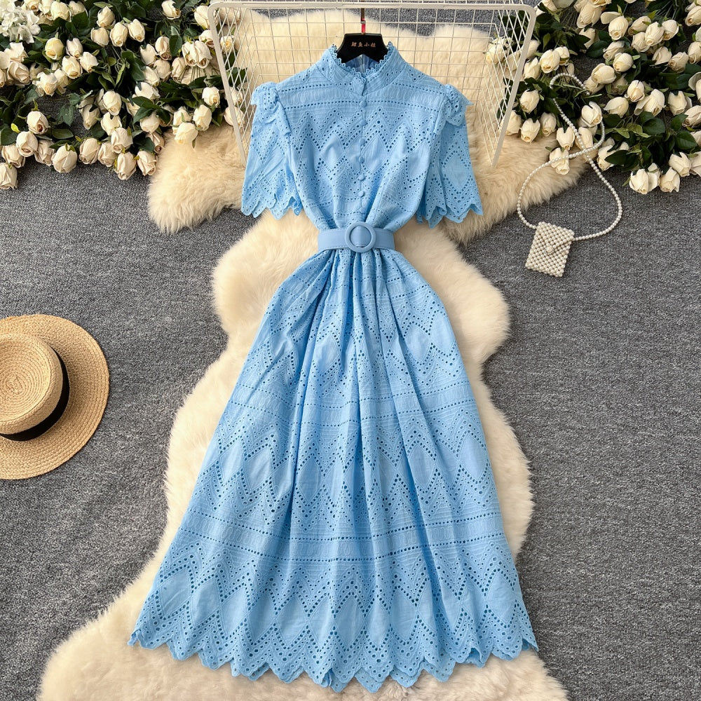 CM-DY037387 Women Elegant European Style Hollow Single-Breasted Short Sleeve Mid-Length Dress (Available in 4 colors)
