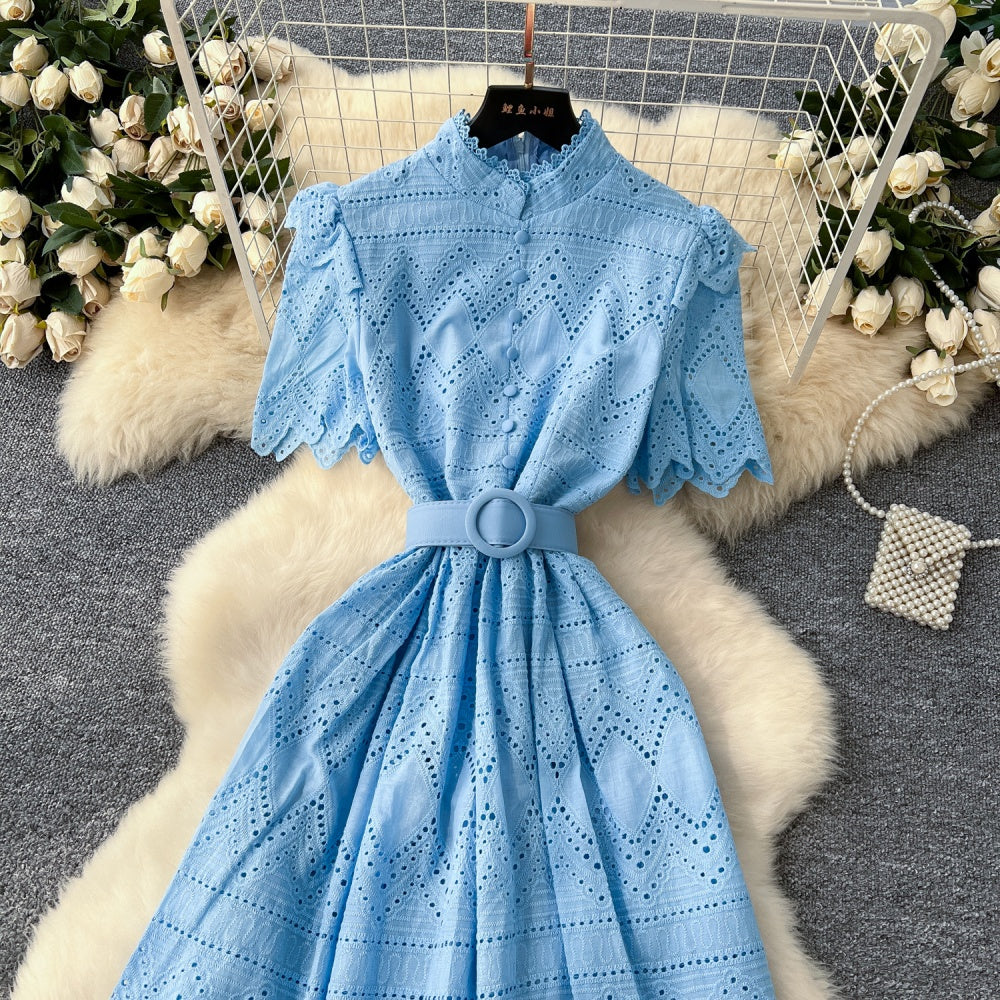 CM-DY037387 Women Elegant European Style Hollow Single-Breasted Short Sleeve Mid-Length Dress (Available in 4 colors)