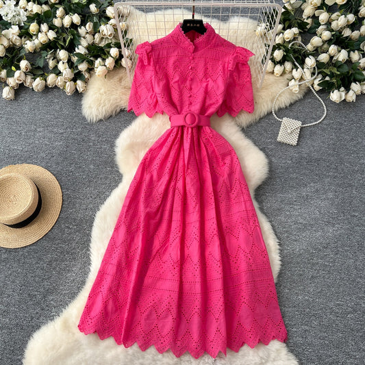 CM-DY037387 Women Elegant European Style Hollow Single-Breasted Short Sleeve Mid-Length Dress (Available in 4 colors)