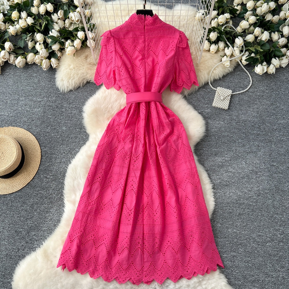 CM-DY037387 Women Elegant European Style Hollow Single-Breasted Short Sleeve Mid-Length Dress (Available in 4 colors)