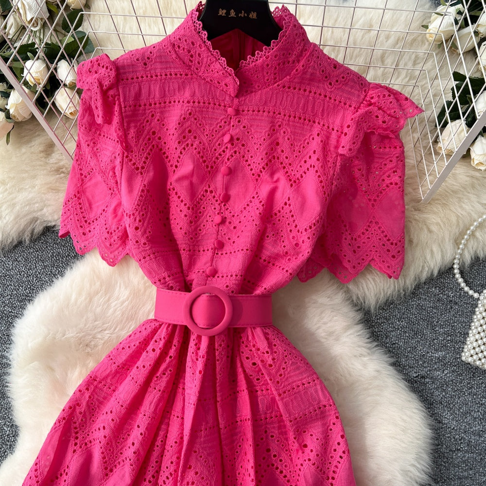 CM-DY037387 Women Elegant European Style Hollow Single-Breasted Short Sleeve Mid-Length Dress (Available in 4 colors)
