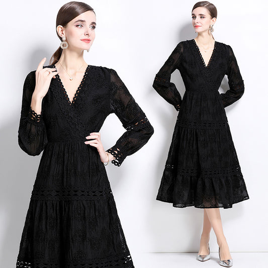 CM-DY037389 Women Elegant European Style V-Neck Long Sleeve Midi Dress - Black