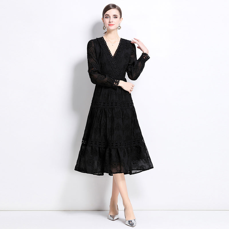 CM-DY037389 Women Elegant European Style V-Neck Long Sleeve Midi Dress - Black