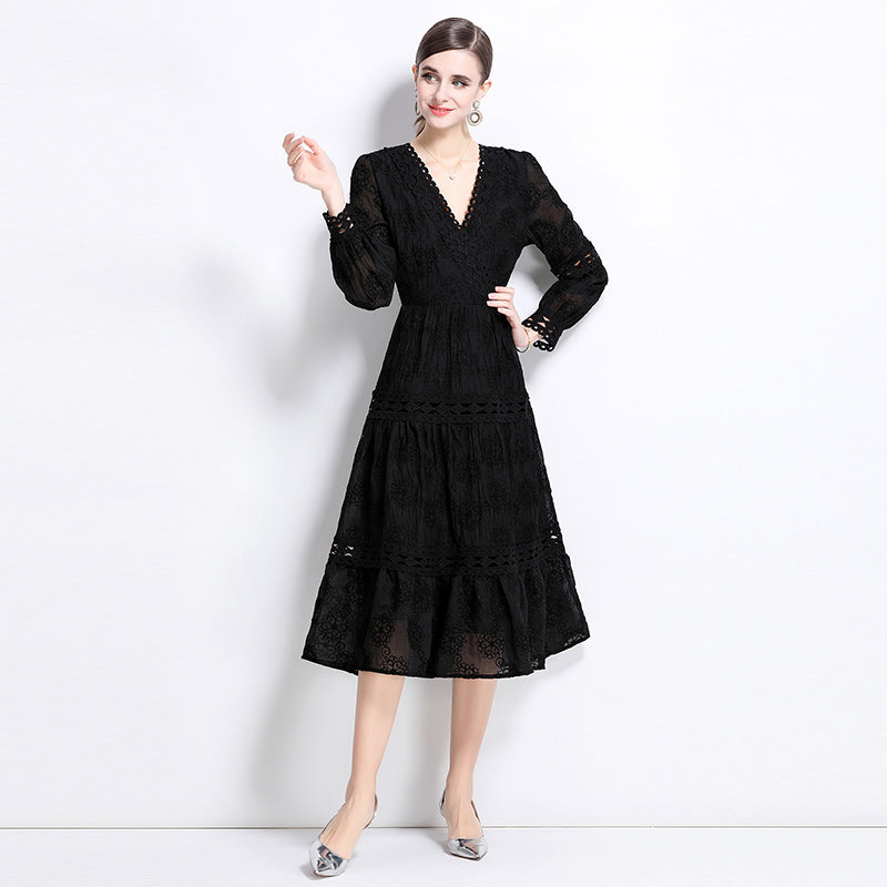 CM-DY037389 Women Elegant European Style V-Neck Long Sleeve Midi Dress - Black