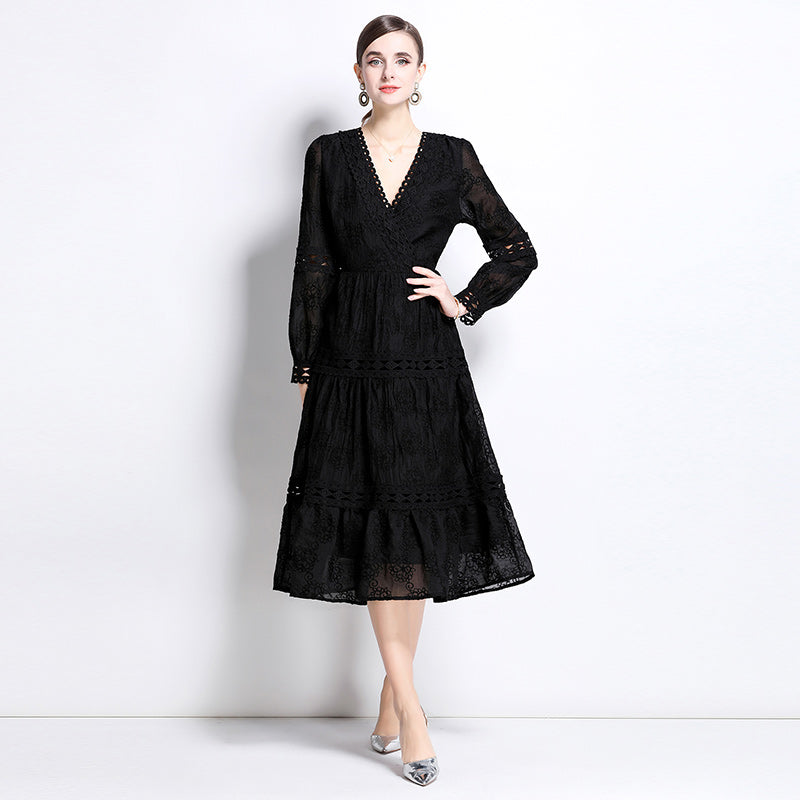 CM-DY037389 Women Elegant European Style V-Neck Long Sleeve Midi Dress - Black