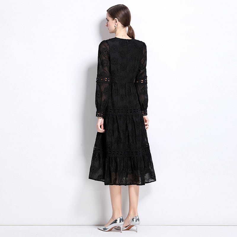 CM-DY037389 Women Elegant European Style V-Neck Long Sleeve Midi Dress - Black