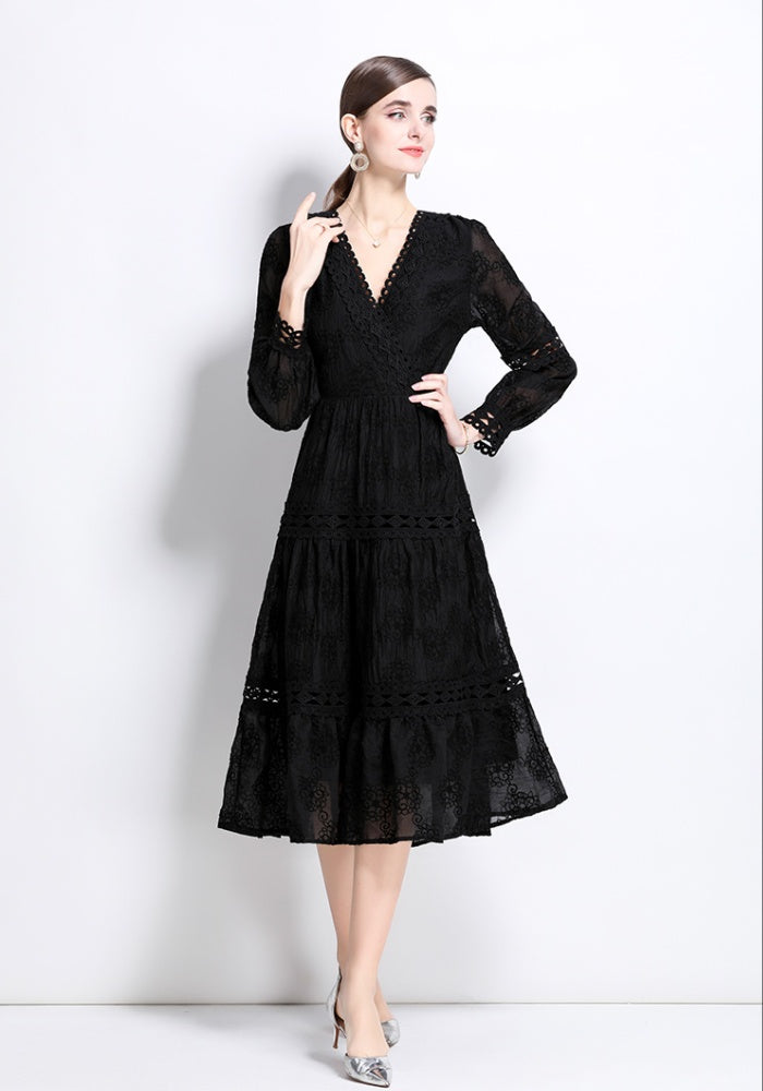 CM-DY037389 Women Elegant European Style V-Neck Long Sleeve Midi Dress - Black