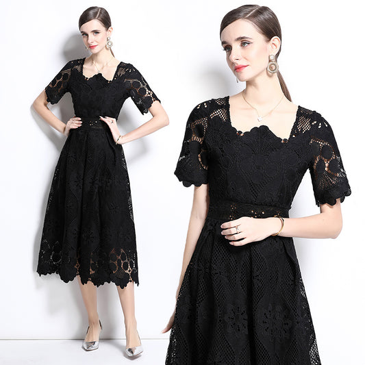 CM-DY037390 Women Elegant European Style Square Collar Short Sleeve Lace Midi Dress - Black