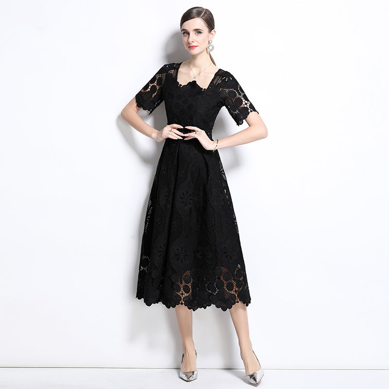 CM-DY037390 Women Elegant European Style Square Collar Short Sleeve Lace Midi Dress - Black