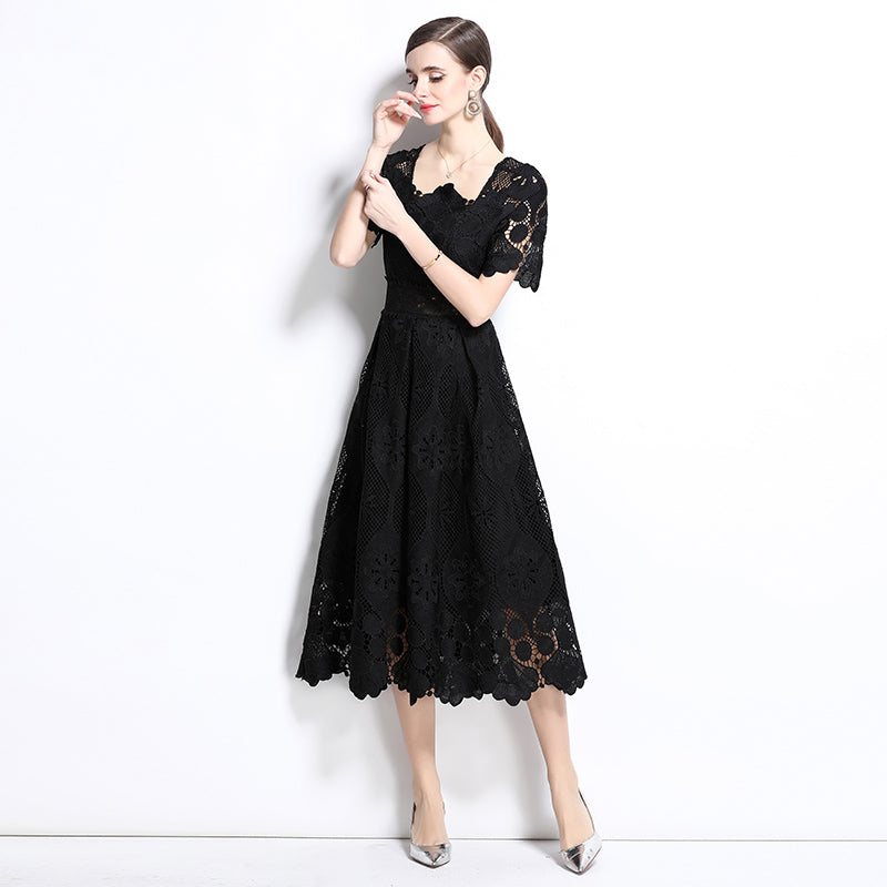 CM-DY037390 Women Elegant European Style Square Collar Short Sleeve Lace Midi Dress - Black