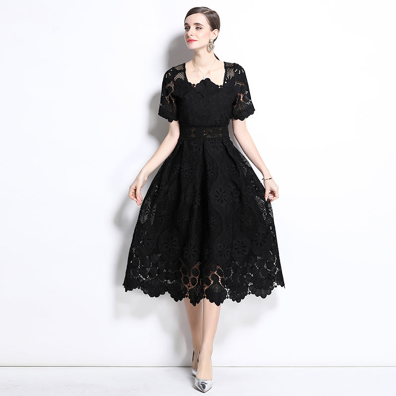 CM-DY037390 Women Elegant European Style Square Collar Short Sleeve Lace Midi Dress - Black