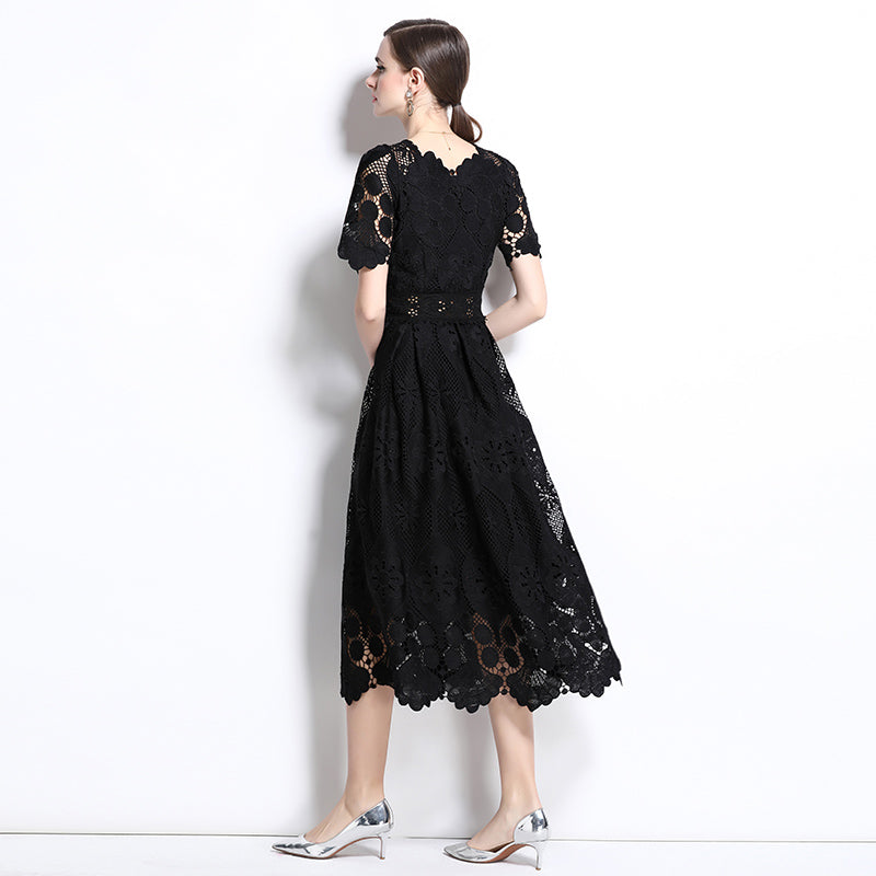CM-DY037390 Women Elegant European Style Square Collar Short Sleeve Lace Midi Dress - Black