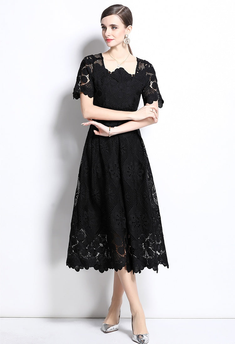 CM-DY037390 Women Elegant European Style Square Collar Short Sleeve Lace Midi Dress - Black