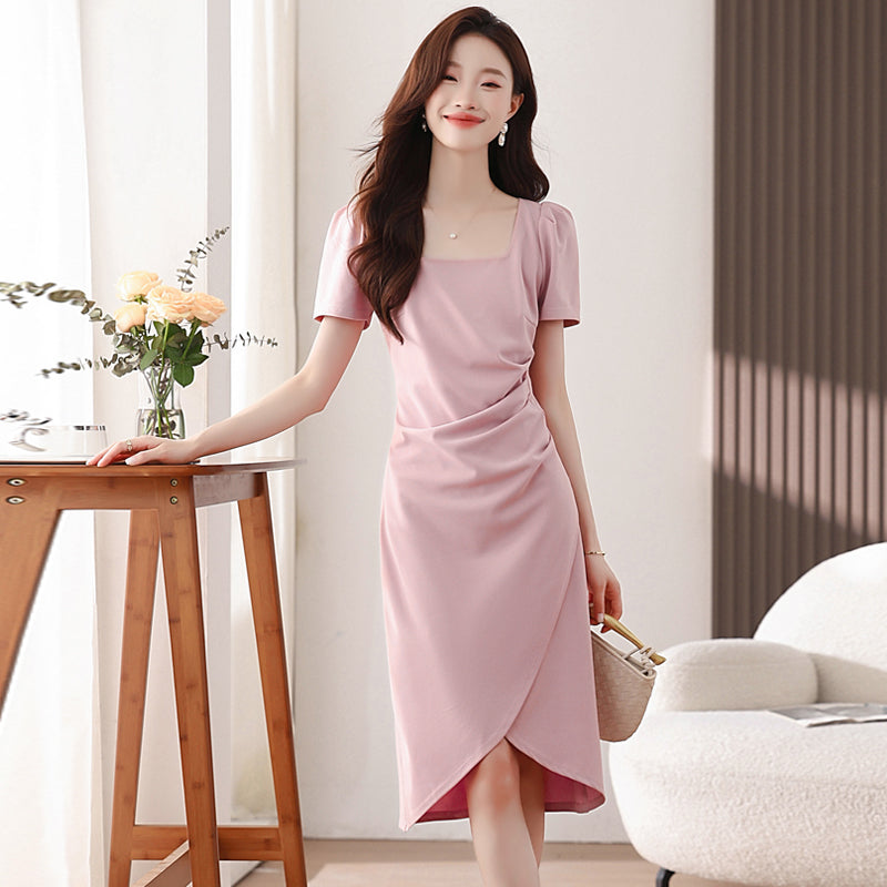CM-DY037402 Women Casual Seoul Style Square Collar Puff Sleeve Pinched Waist Long Dress - Light Pink