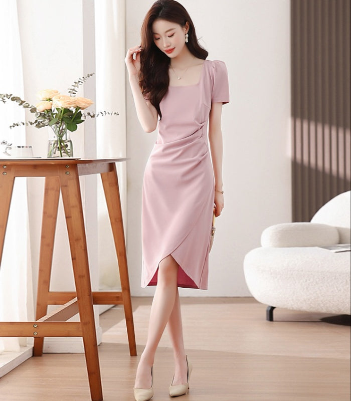 CM-DY037402 Women Casual Seoul Style Square Collar Puff Sleeve Pinched Waist Long Dress - Light Pink