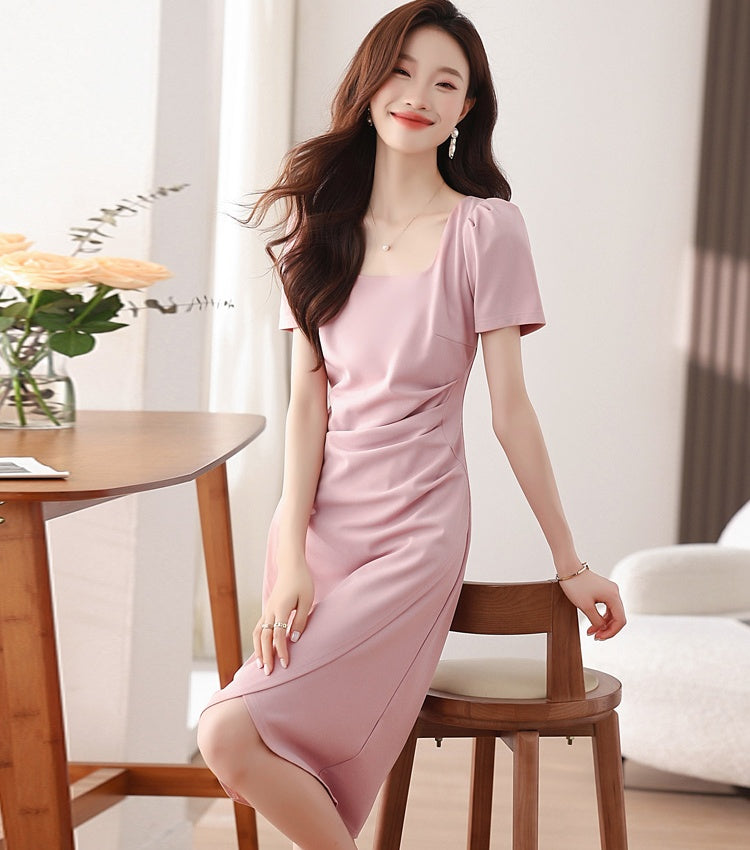 CM-DY037402 Women Casual Seoul Style Square Collar Puff Sleeve Pinched Waist Long Dress - Light Pink