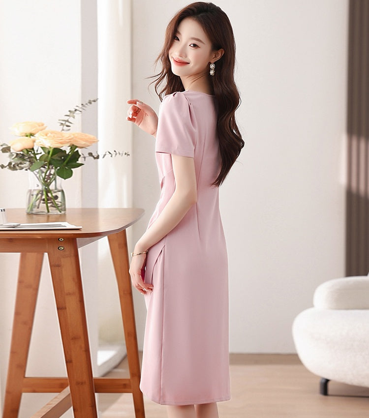 CM-DY037402 Women Casual Seoul Style Square Collar Puff Sleeve Pinched Waist Long Dress - Light Pink