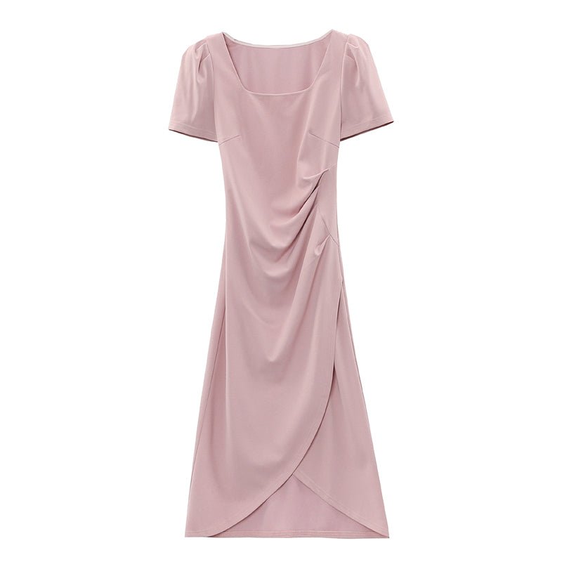 CM-DY037402 Women Casual Seoul Style Square Collar Puff Sleeve Pinched Waist Long Dress - Light Pink