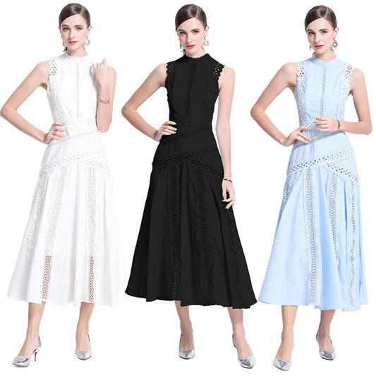 CM-DY037425 Women Elegant European Style Round Neck Sleeveless Hollow Lace Midi Dress (Available in 3 colors)