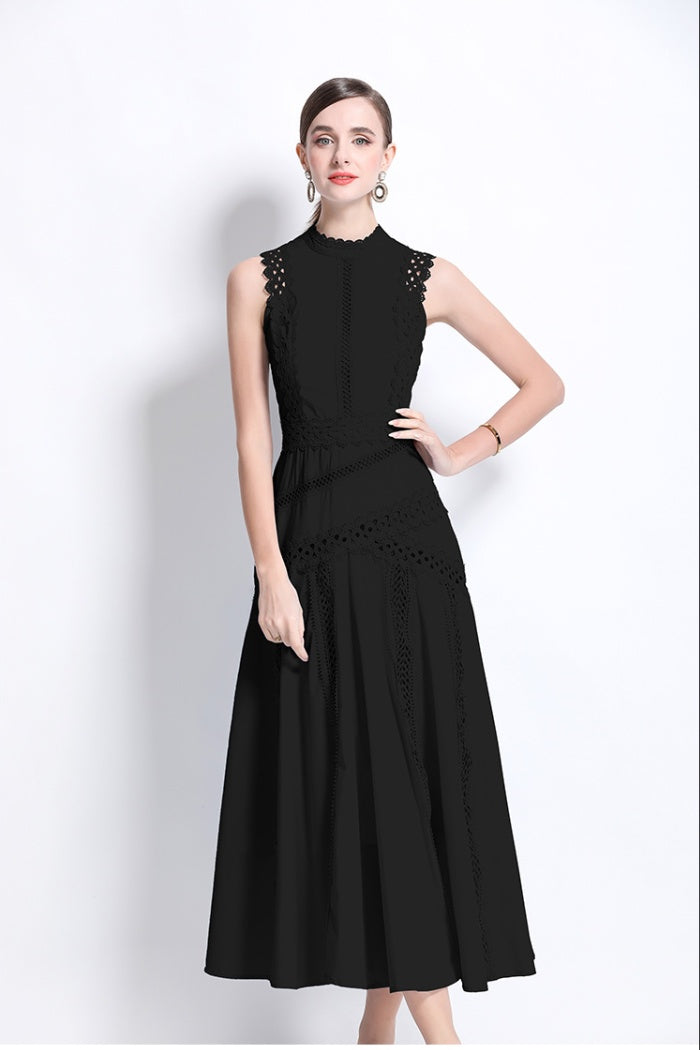 CM-DY037425 Women Elegant European Style Round Neck Sleeveless Hollow Lace Midi Dress (Available in 3 colors)
