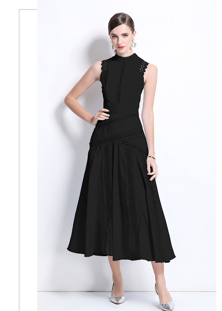 CM-DY037425 Women Elegant European Style Round Neck Sleeveless Hollow Lace Midi Dress (Available in 3 colors)