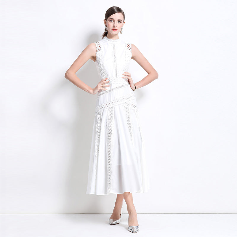 CM-DY037425 Women Elegant European Style Round Neck Sleeveless Hollow Lace Midi Dress (Available in 3 colors)