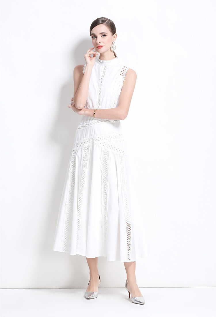 CM-DY037425 Women Elegant European Style Round Neck Sleeveless Hollow Lace Midi Dress (Available in 3 colors)