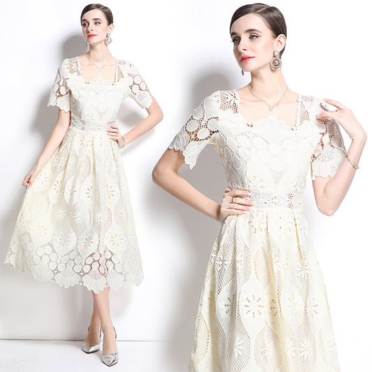 CM-DY037577 Women Elegant Euroepan Style Square Collar Short Sleeve Pinched Waist Long Dress - Light Beige