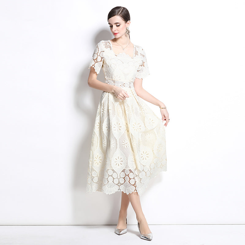 CM-DY037577 Women Elegant Euroepan Style Square Collar Short Sleeve Pinched Waist Long Dress - Light Beige