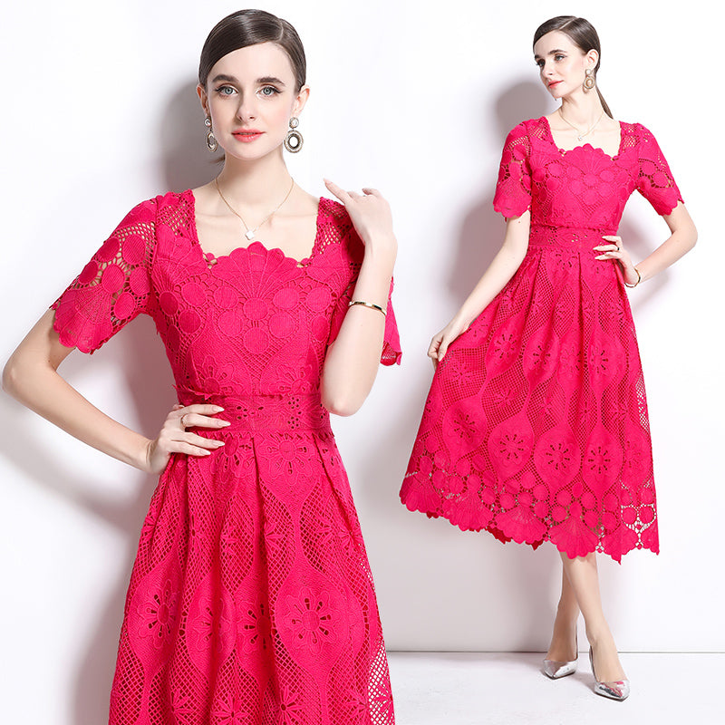 CM-DY037578 Women Elegant Euroepan Style Square Collar Short Sleeve Pinched Waist Long Dress - Rose Red