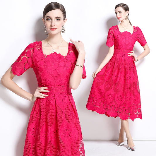 CM-DY037578 Women Elegant Euroepan Style Square Collar Short Sleeve Pinched Waist Long Dress - Rose Red