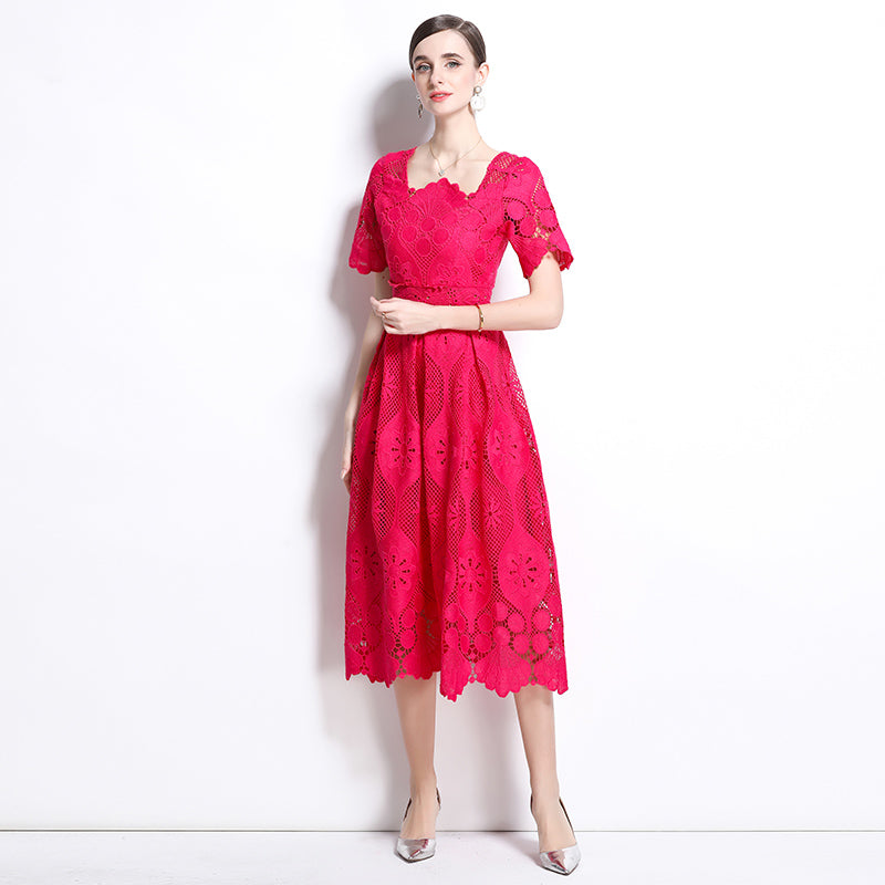 CM-DY037578 Women Elegant Euroepan Style Square Collar Short Sleeve Pinched Waist Long Dress - Rose Red