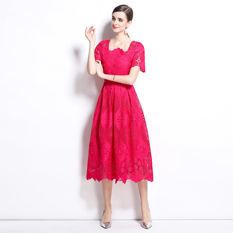 CM-DY037578 Women Elegant Euroepan Style Square Collar Short Sleeve Pinched Waist Long Dress - Rose Red